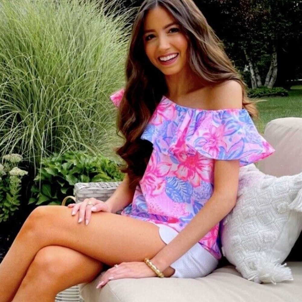 NWT Lilly Pulitzer Zeldie 1 Shoulder Ruffle Top in Pink Isle Snappy Turtle Sz XL